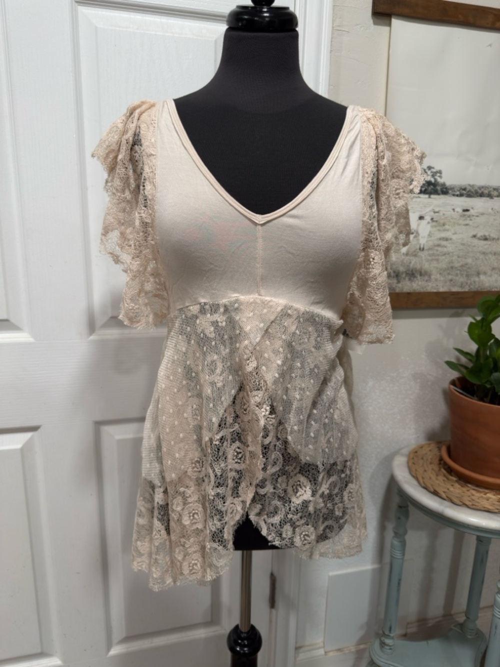 Lace Overlay V-Neck Women's Top in Light Beige by Free People